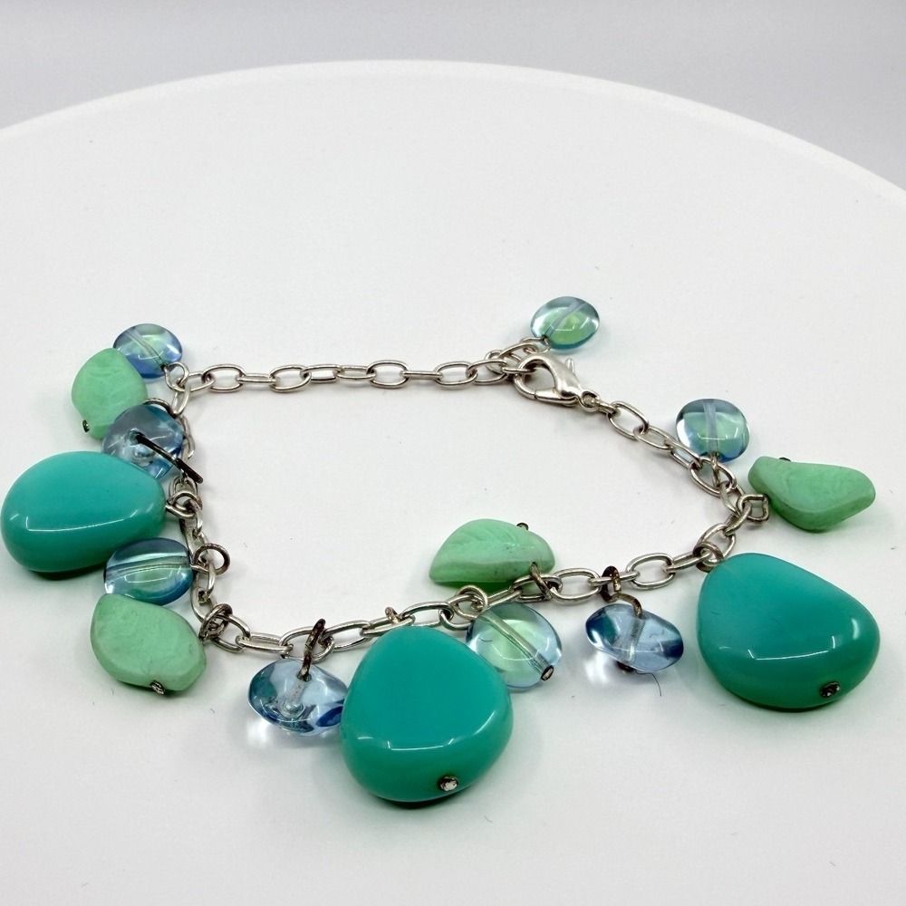 Vintage Silver‎ Tone Simulated Turquoise Teardrop Charm Bracelet Boho Retro 90s